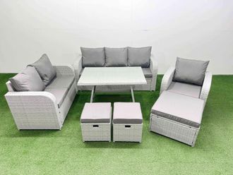 Fimous Patio Dining Table & Chairs Set with Reclining Chair 3 Stool in Light Grey