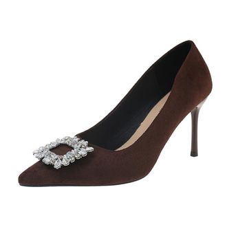 Generic Womens Stiletto High Heel Pumps Velvet Rhinestones Buckle Pointed Toe Office Dressy Wedding Shoes Slip On (Brown,7.5)