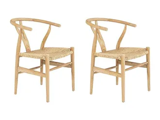 Vente-Unique Set Of 2 Teak & Wicker Chairs - Natural - POGIANA in Light Oak