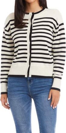 Karen Kane Stripe Crewneck Cardigan In Black/cream