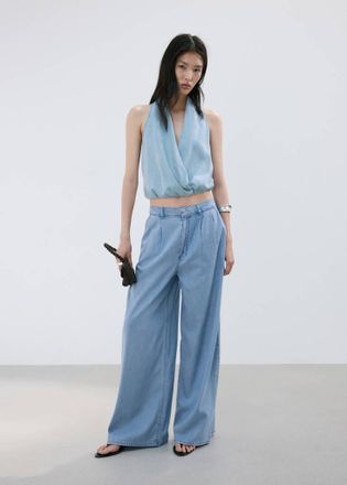 Mango Top lyocell collo drappeggiato azzurro - Donna - XS - MANGO