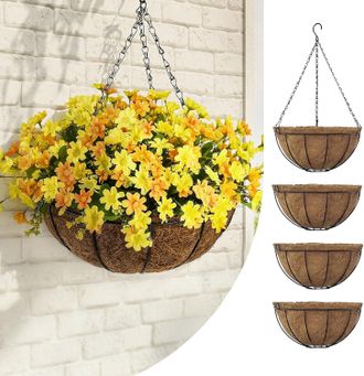 Gabrielle Juego De 4 Macetas Colgantes De Interior De 30 Cm Con Revestimiento De Fibra De Coco Y Cadena, Soporte De Pared De Metal Negro Para Plantas, Ideal Par