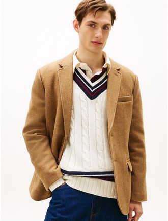 Tommy Hilfiger Mens Wool-Blend Herringbone Blazer - Brown - 38