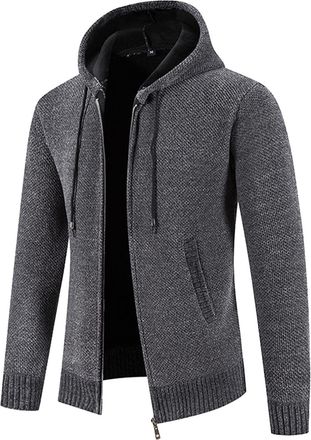 Generic Mens Nordic Knit Fleece Hoodie - Patterned Full Zip Hooded Jacket, Sherpa Lined Sweater with Fair Isle Pattern, Warm and Stylish (Dark Gray 2, XXXL)