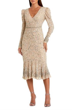 Mac Duggal Sequin Long Sleeve with Trumpet Hem & Beaded Detail in Nude Silver at Nordstrom, Size 14