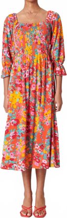 Sugarlips Francesca Wildflower Denni Smocked Midi Dress In Pink Orange