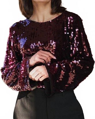 Esqualo Diana Flared Sleeve Sequin Top In Wine