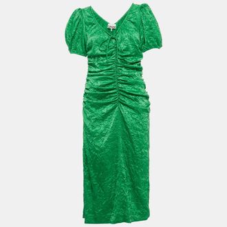 Ganni Ganni Green Crinkled Satin Ruche Detail Midi Dress