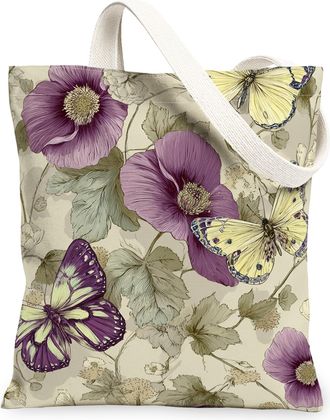 Generic Butterfly Floral Canvas Tote Bags, Elegant Flower Design Reusable Grocery Bags, Spring Vintage Lightweight Washable Shoulde, Violet, 13x15 Inch