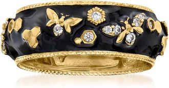 Ross-Simons White Topaz and Black Enamel Bumblebee Ring in 18kt Gold Over Sterling