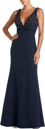 Mac Duggal Womens Crepe Sleeveless Beaded V Neck Gown With Bow in Midnight at Nordstrom, Size 12