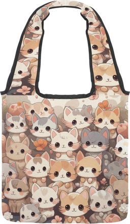 Generic Cute Cartoon Kitten Reversible Canvas Shoulder Tote - Double-Sided Print, 12oz Cotton, 27cm Drop, Fold-Flat Bag for Travel, Shopping, Street Outings