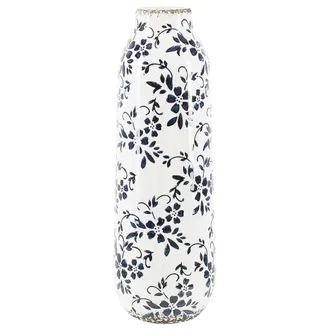 Beliani Florero Blanco Y Azul Gres Estampado De Flores 35 Cm Impermeable Mulai