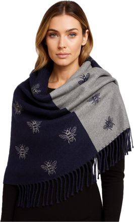 World of Shawls WINTER WARMER Reversible Thick Long Bumble Bee Print Fashion Scarf Blanket Wrap (Navy Blue/Silver)