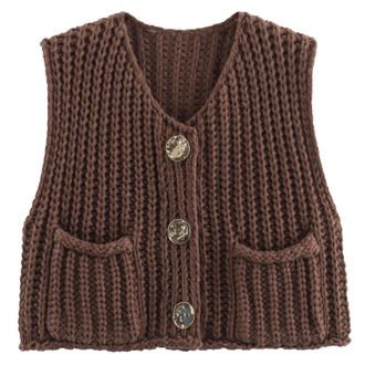 Feoya Women Button Down Sweater Vest Sleeveless Chunky Knit Crop Tops Cardigan Sweater Vest with Pockets Brown M