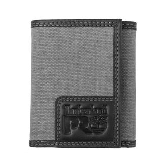 Timberland Mens RFID Canvas Leather Trifold Wallet with Zippered Pocket, Charcoal, One Size