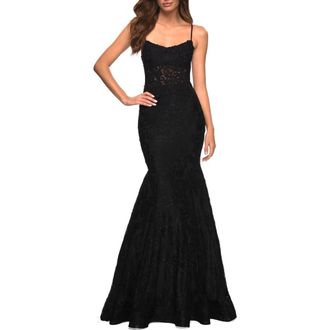 La Femme Mermaid Lace Gown with Sheer Bodice and Open Back in Black at Nordstrom, Size 00