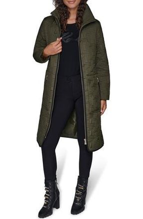 Karl Lagerfeld Hooded Belted Quilted Zip Jacket in Olive at Nordstrom Rack, Size X-Small