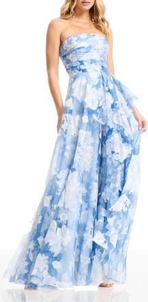 Dress The Population Kit Floral Strapless A-Line Gown in Sky Multi at Nordstrom, Size X-Small