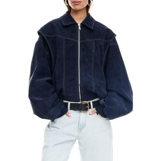 Lioness Vista Faux Suede Bomber Jacket in Washed Navy at Nordstrom Rack, Size X-Large