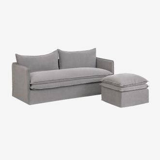 Sklum Conjunto De Sal&oacute;n Con Sof&aacute; De 3 Plazas Y Puff En Lino Y Algod&oacute;n Grace Sklum
