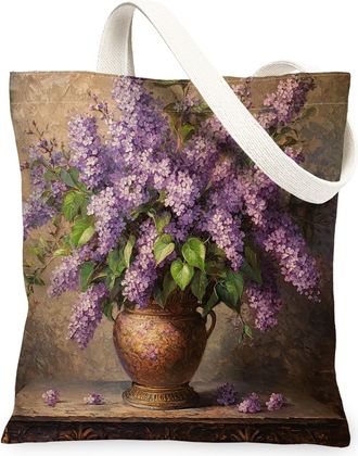 Generic Farmhouse Lilac Flower Canvas Tote Bag for Shopping 13x15, Country Floral Reusable Grocery Print Bag for Women Men, Farm Wildflower Aesthetic Painting