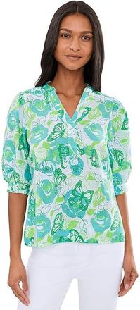 Lilly Pulitzer Mialeigh Elbow Sleeve Linen Top Womens Clothing Resort White Monarch Rose : 16