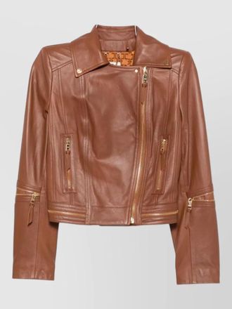 Elisabetta Franchi leather coat notched lapels gold tone hardware