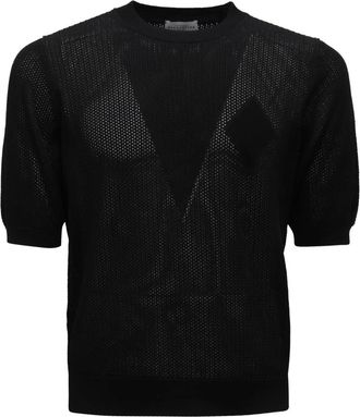 Ballantyne Geperforeerde Zwarte Trui - Heren - Ronde hals truien - Zwart - 2XL - Wol - Truien & Vesten