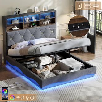 Matteo Double Grey Linen Upholstered Bed Frame with Hydraulic Storage & LED