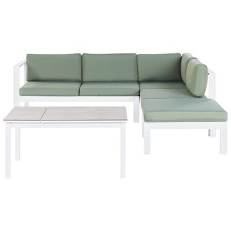 Beliani Conjunto De Jard&iacute;n 5 Plazas Sof&aacute; Y Mesa Elevable Estructura Blanca Tablero De Vidrio Y Cojines Verdes Messina