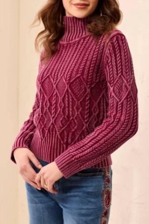 Tribal Mock Neck Sweater With Special Wash In Cherry Lacquer