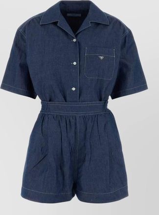 Prada chambray jumpsuit belted waist chest pocket short sleeves