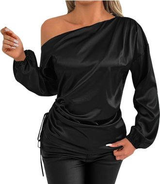 Generic Womens One Shoulder Long Sleeve Tops Silk Satin Blouses Casual Dressy Shirts Business Ruched Solid Color Outfits Lightweight Comfortable Office Work T