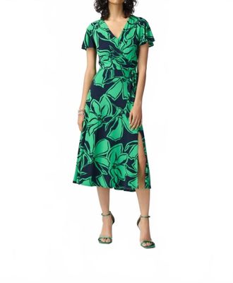 Joseph Ribkoff Floral Print Faux Wrap Flowy Midi Dress In Midnight Blue/green