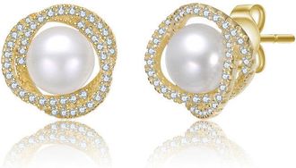 Rachel Glauber 14K Gold Plated with Clear Cubic Zirconia & Mother of Pearl Stud Earrings