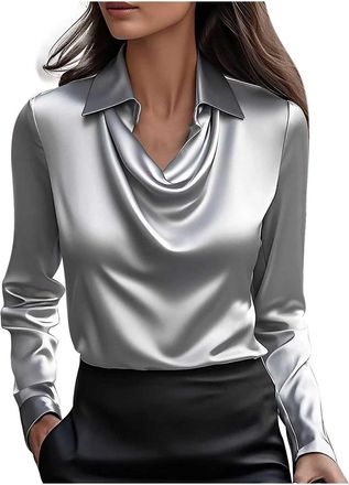 Generic Tops for Women Satin Silk Blouse Cowl Neck Long Sleeve Ladies Tshirts Solid Colour Pleated Turndown Collar Fashion Shirts Work Office Elegant Tunic Bl