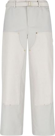 sacai Double Knee White Pants With Mid-Rise Waist And Reinforced Patches