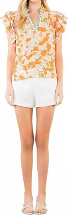 THML Clothing Flowy Sleeve V Neck Top In Orange