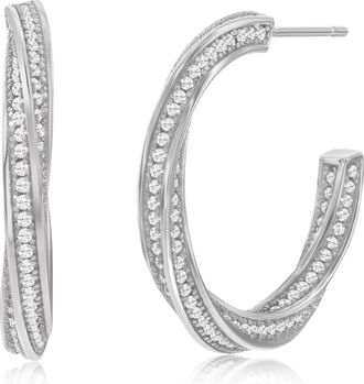 Suzy Levian Sterling Silver & White Cubic Zirconia Pave Twisted Hoop Earrings