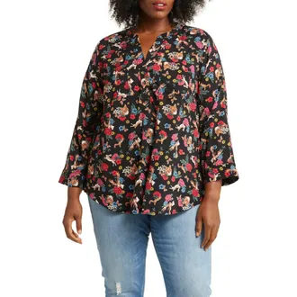 JANE + MERCER Printed Roll Tab Sleeve Blouse in Midnight Forest at Nordstrom Rack, Size 1X