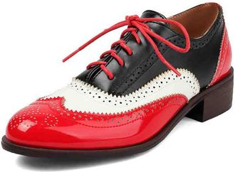 Generic Womens Wingtip Oxfords Two-Tone Brogue Shoes with Low Block Heel for Business and Daily Wear Comfort Fit Design Multiple Colors,Red,6.5 UK