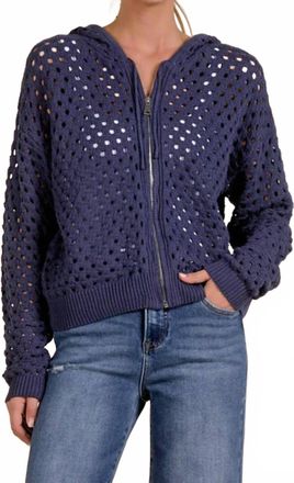 Elan Womens Collette Crochet Zip Hoodie Sweater In Blue