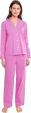Lauren Ralph Lauren Long Sleeve Notch Collar Long Pants PJ Set Womens Pajama Sets Pink Stripe : XL (US 16-18), Viscose/Cotton