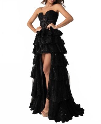 Rachel Allan High-Low Layered Tulle Gown In Black