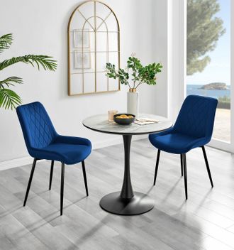 Furniturebox Elina White Marble Effect Scratch Resistant Dining Table & 2 Pesaro Black Leg Velvet Chairs in Navy