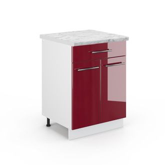 Vicco Mueble Bajo De Cocina Fame-line, Rojo Burdeos Alto Brillo, 60 Cm Con Caj&oacute;n, Et M&aacute;rmol, Vicco