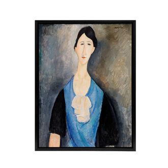 Artery8 Young Woman in Blue Portrait Modigliani Vintage Framed Canvas Wall Art in Grey | Size: W24 x H32