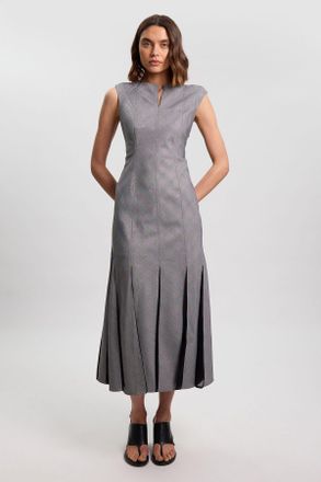 Karen Millen Womens Petite Soft Tailored Check Godet Detail Midi Dress - Grey - Size 16 UK