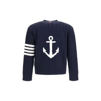 Thom Browne Cable-Knit Wool with 4-Bar Stripe Cardigan - Navy